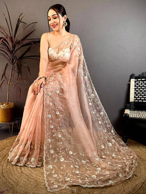 Peach Pearl Sequin Embroidered Organza Saree