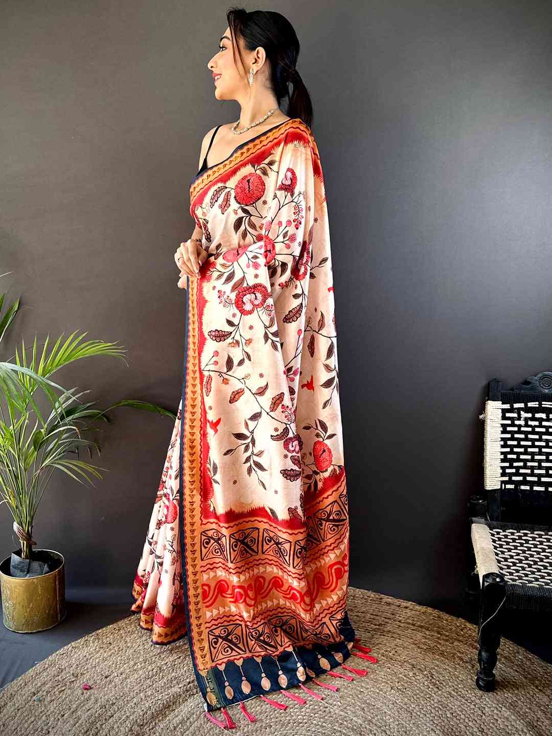 Toffee Peach Soft Silk Floral Saree
