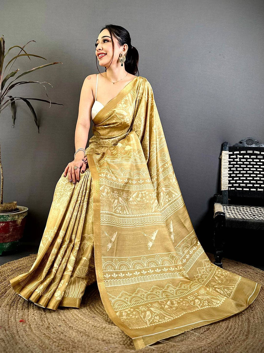 Tussar Bird Digital Print Zari Border Saree