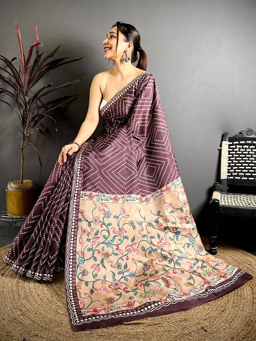 Regal Tussar Bandhej Kalamkari Saree