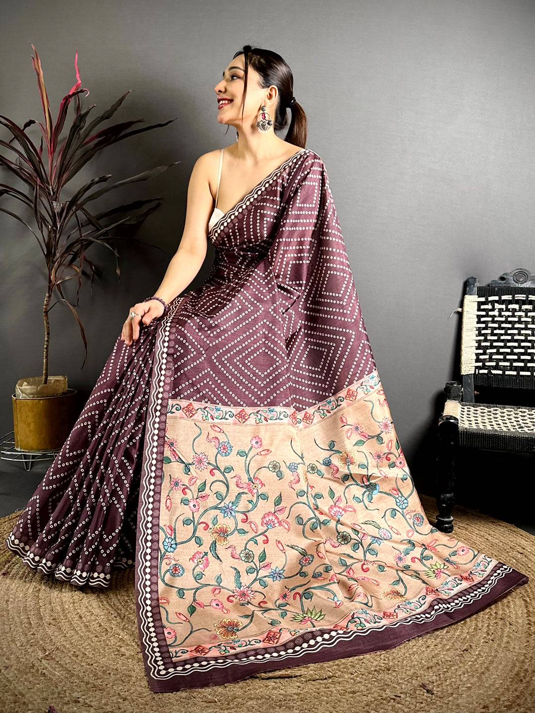 Regal Tussar Bandhej Kalamkari Saree