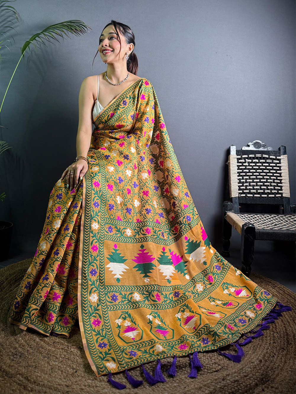 Olive Mustard Dhakai Jamdani Silk Saree