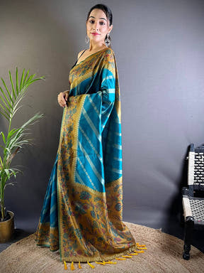 Rama Gold Zari And Kalamkari Print Saree