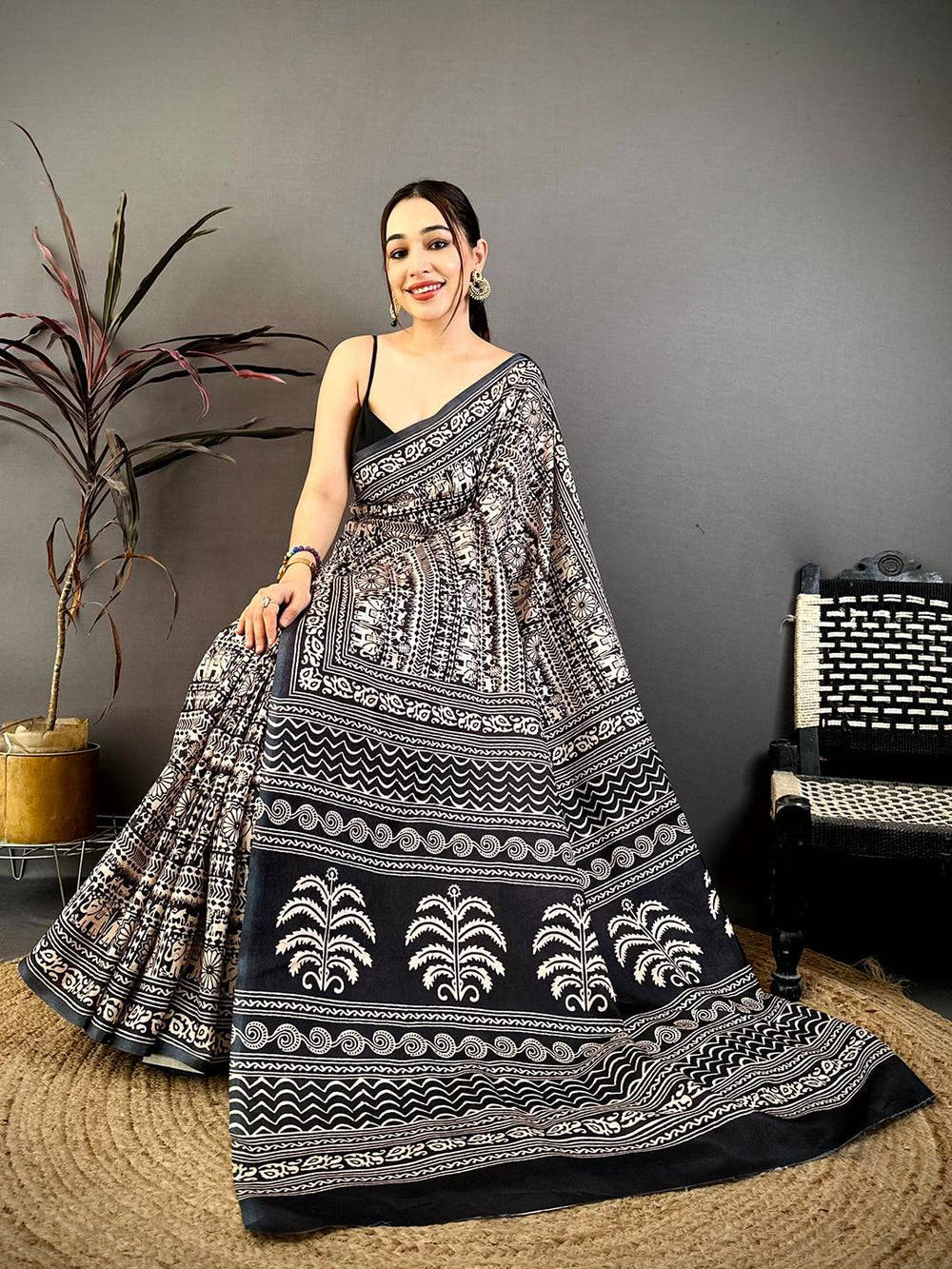 Black Ajrakh Print Semi Tussar Saree