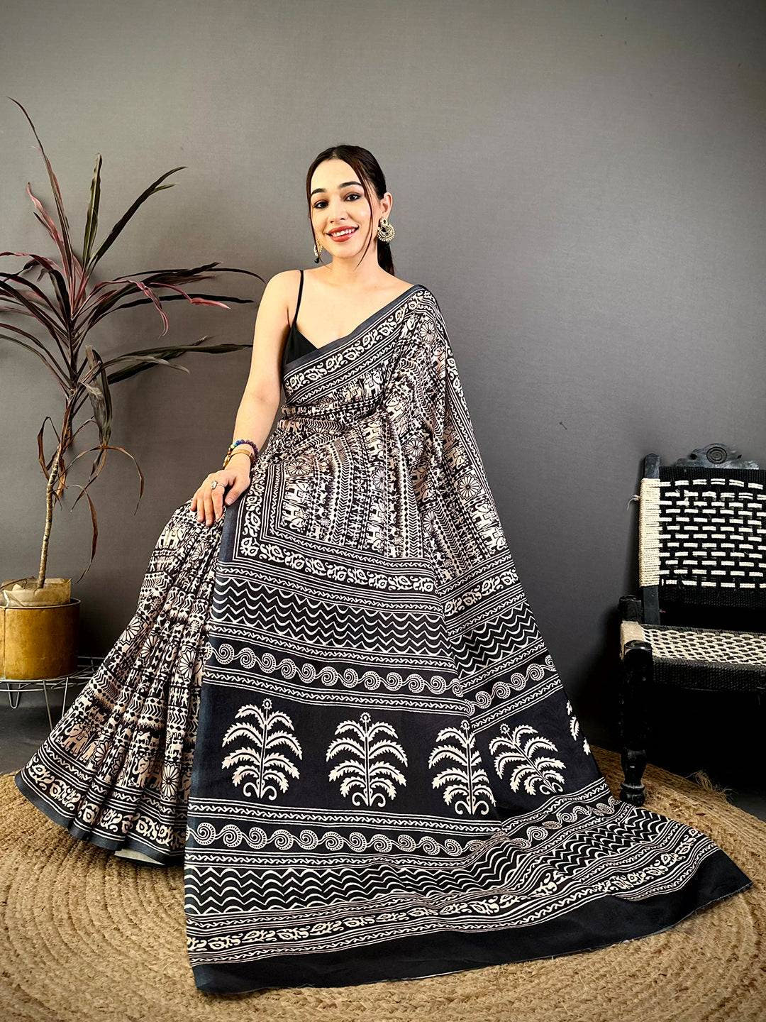 Black Ajrakh Print Semi Tussar Saree