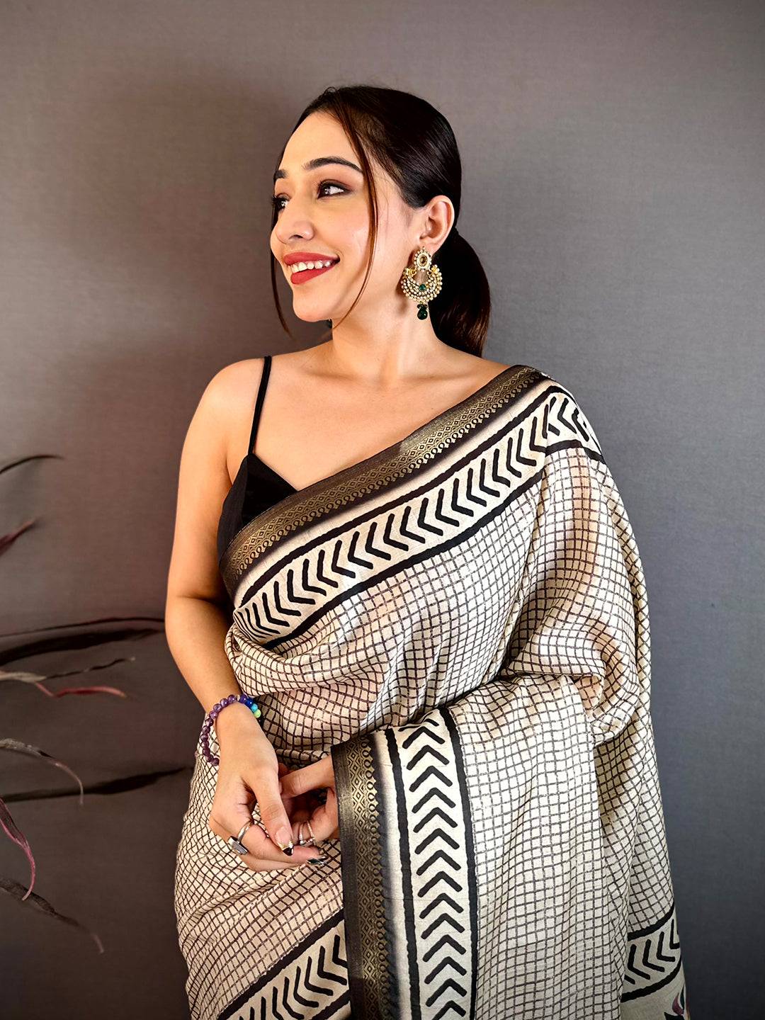Classic Black Checks Soft Tussar Saree