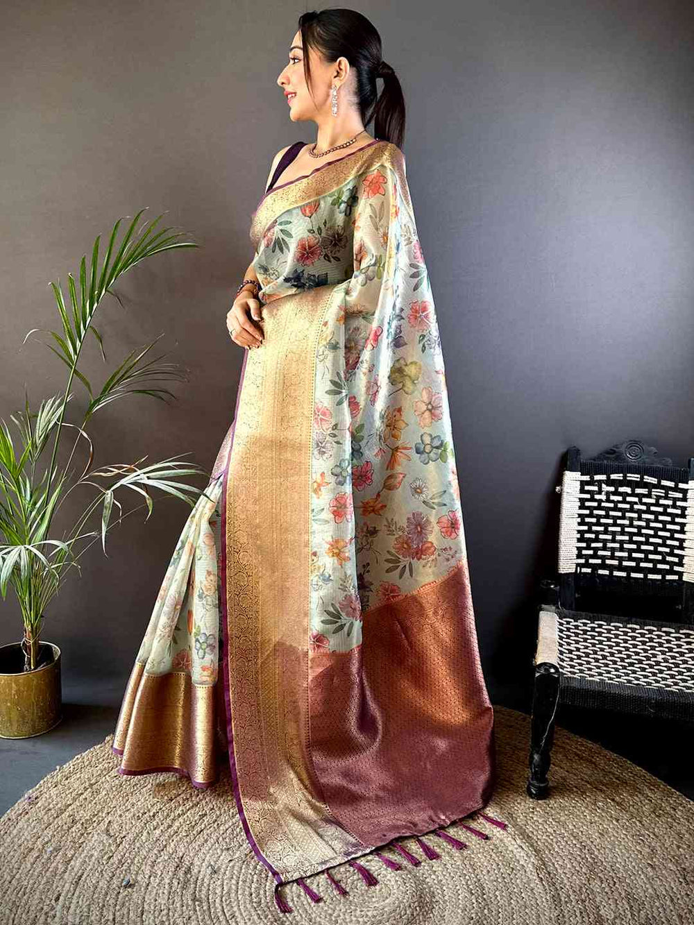 Fern Green Floral Gold Zari Tissue Saree