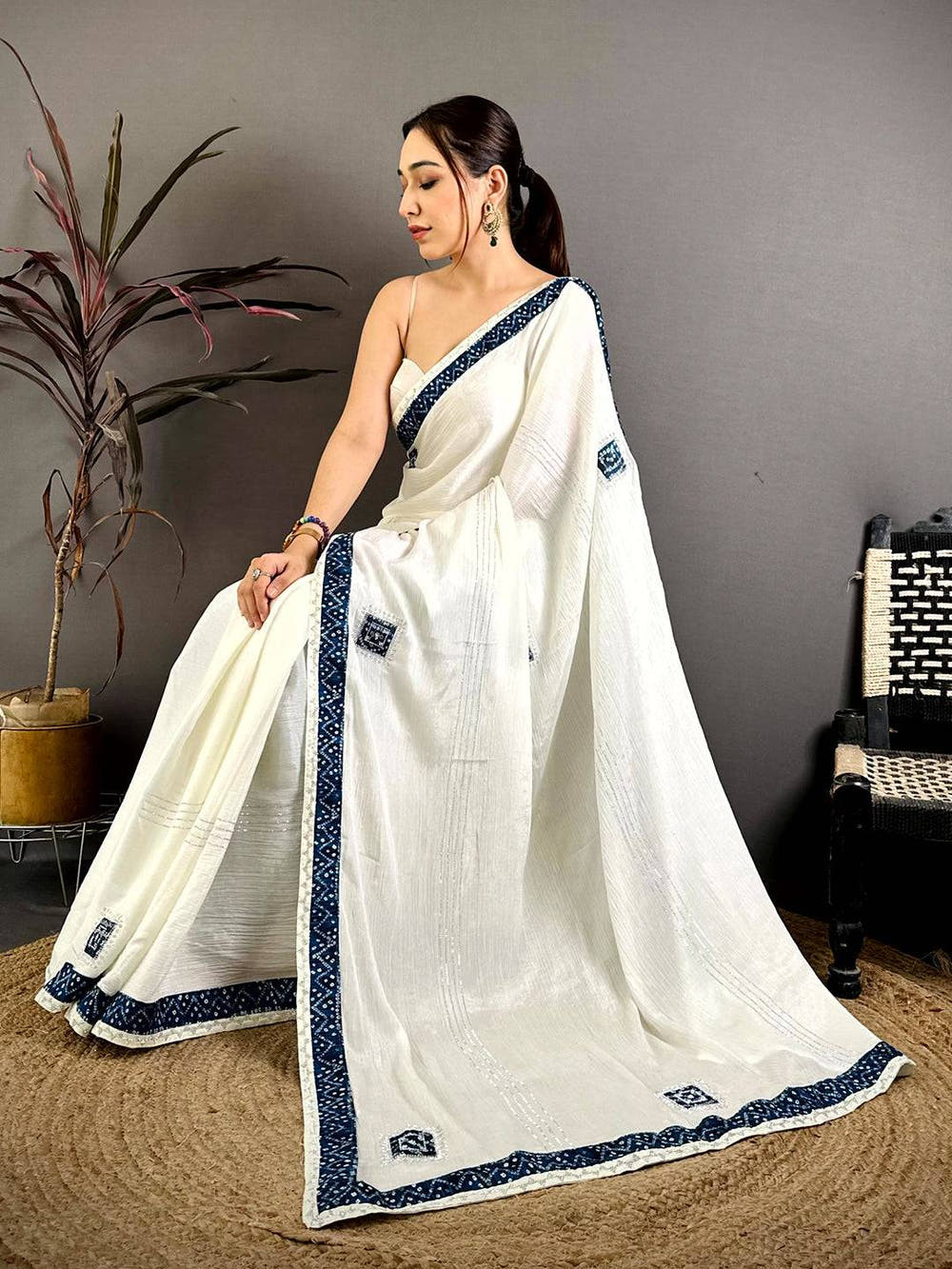 Navy Bandhej Butta Chiffon Saree