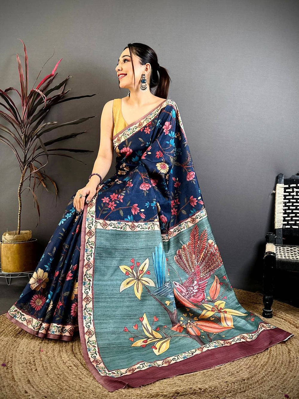Navy Tussar Pen Kalamkari Print Saree