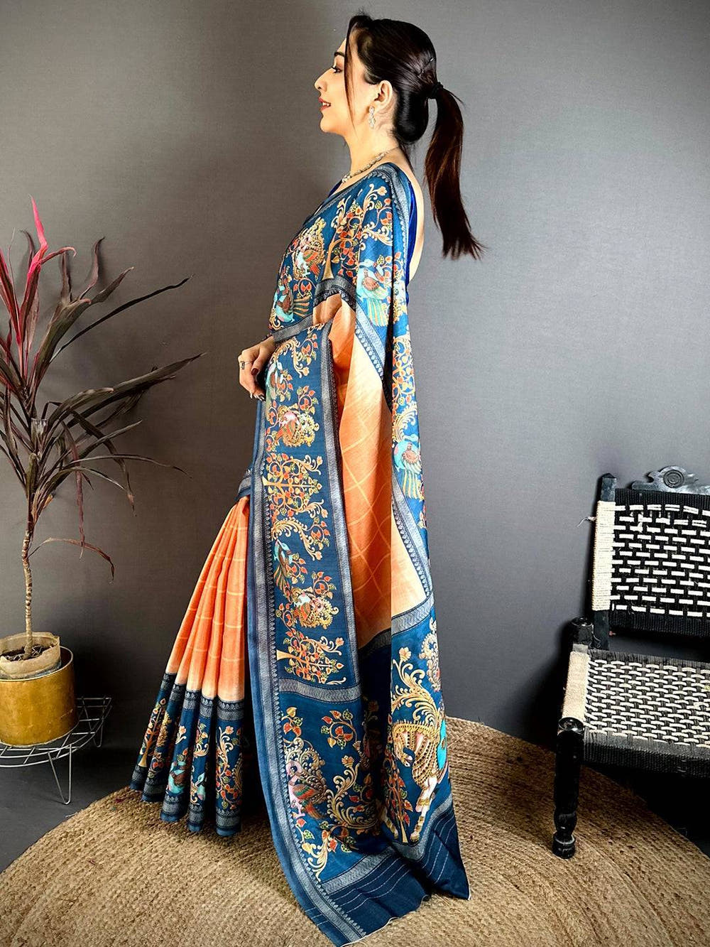 Light Orange Pen Kalamkari Saree