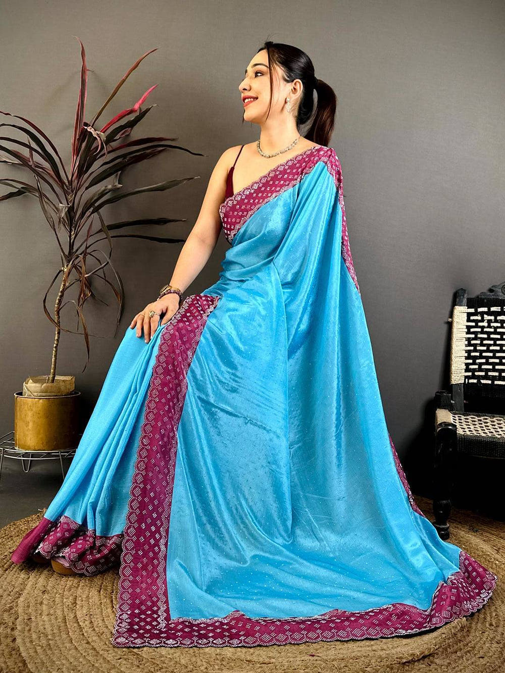 Sky Poly Chiffon Diamond Stone Work Saree
