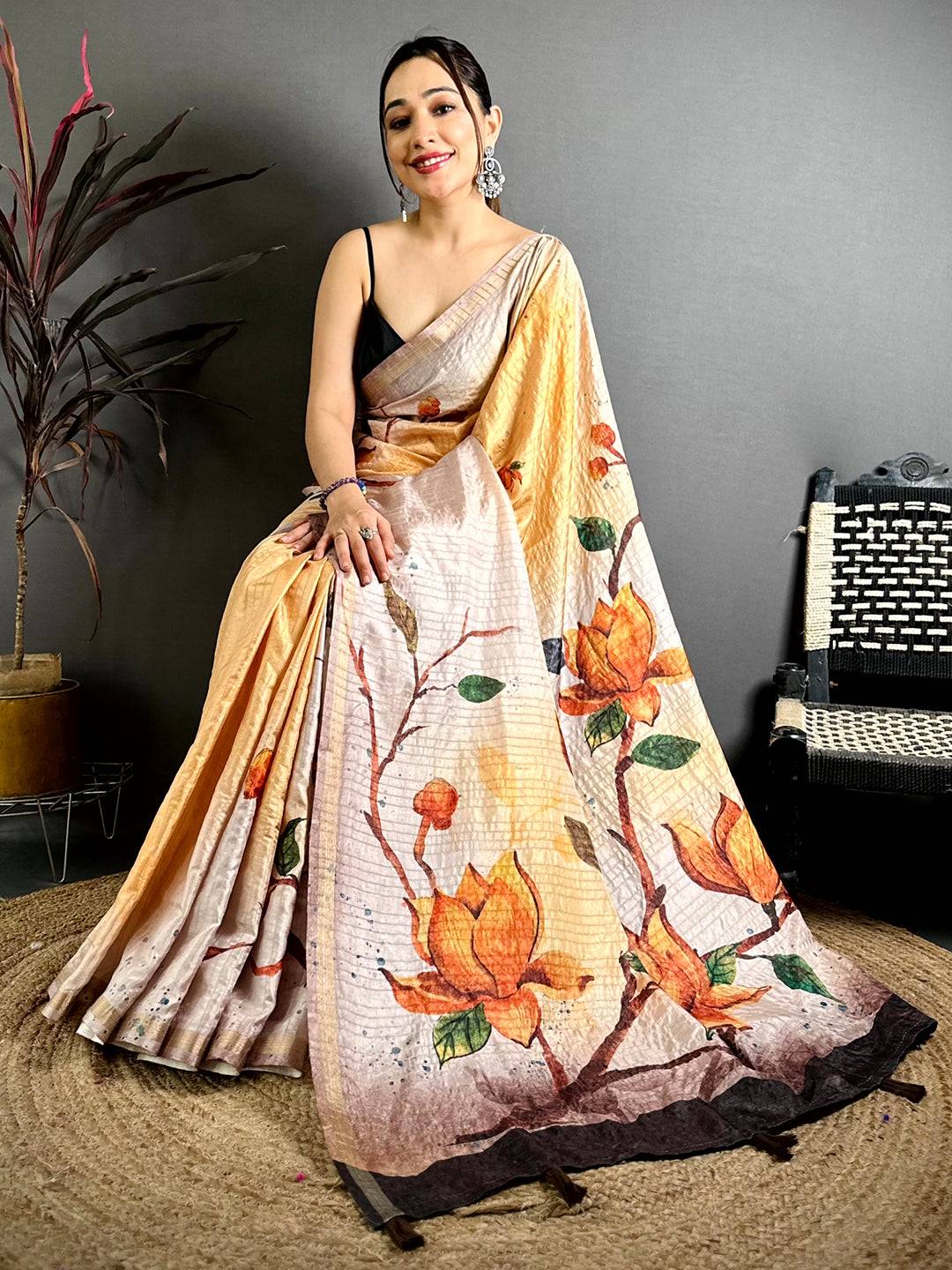 Pastel Yellow Ghicha Tussar Floral Saree