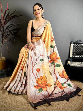Pastel Yellow Ghicha Tussar Floral Saree