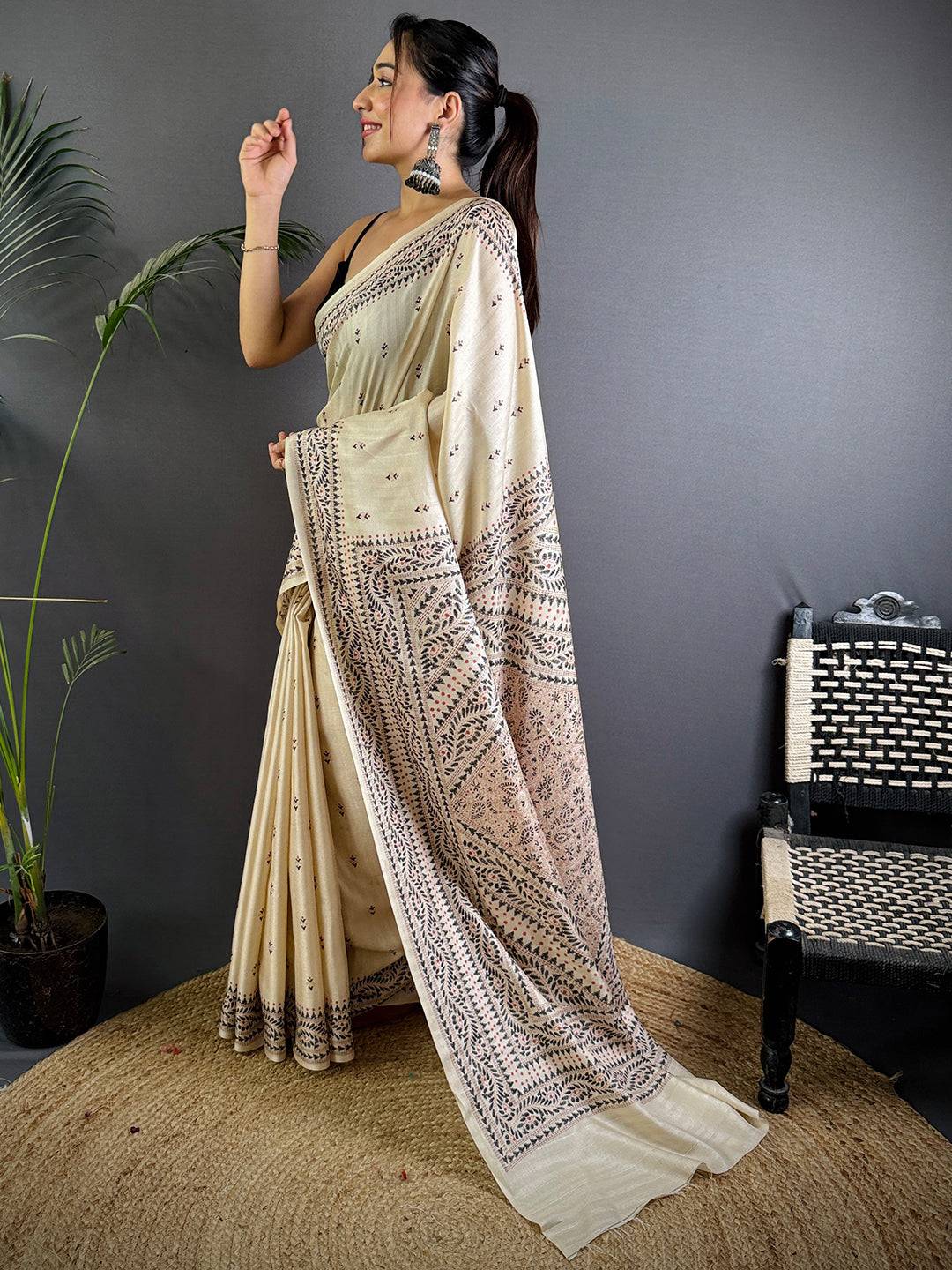 Cream Tussar Silk Madhubani Print Saree

