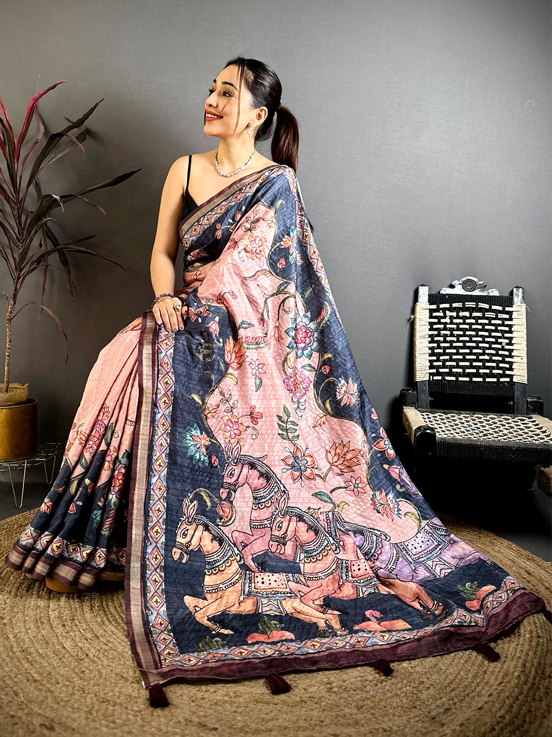 Graceful Tussar Ghicha Kalamkari Saree