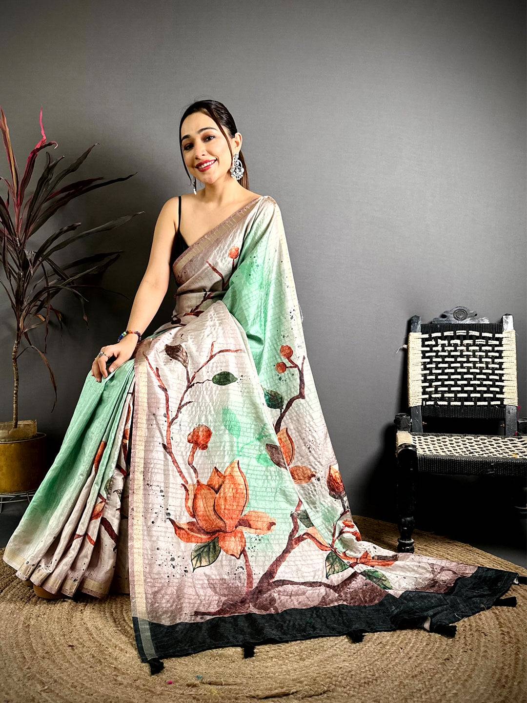 Pastel Green Ghicha Tussar Floral Saree