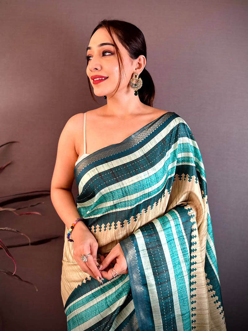 Elegant Soft Tussar Kantha Print Saree