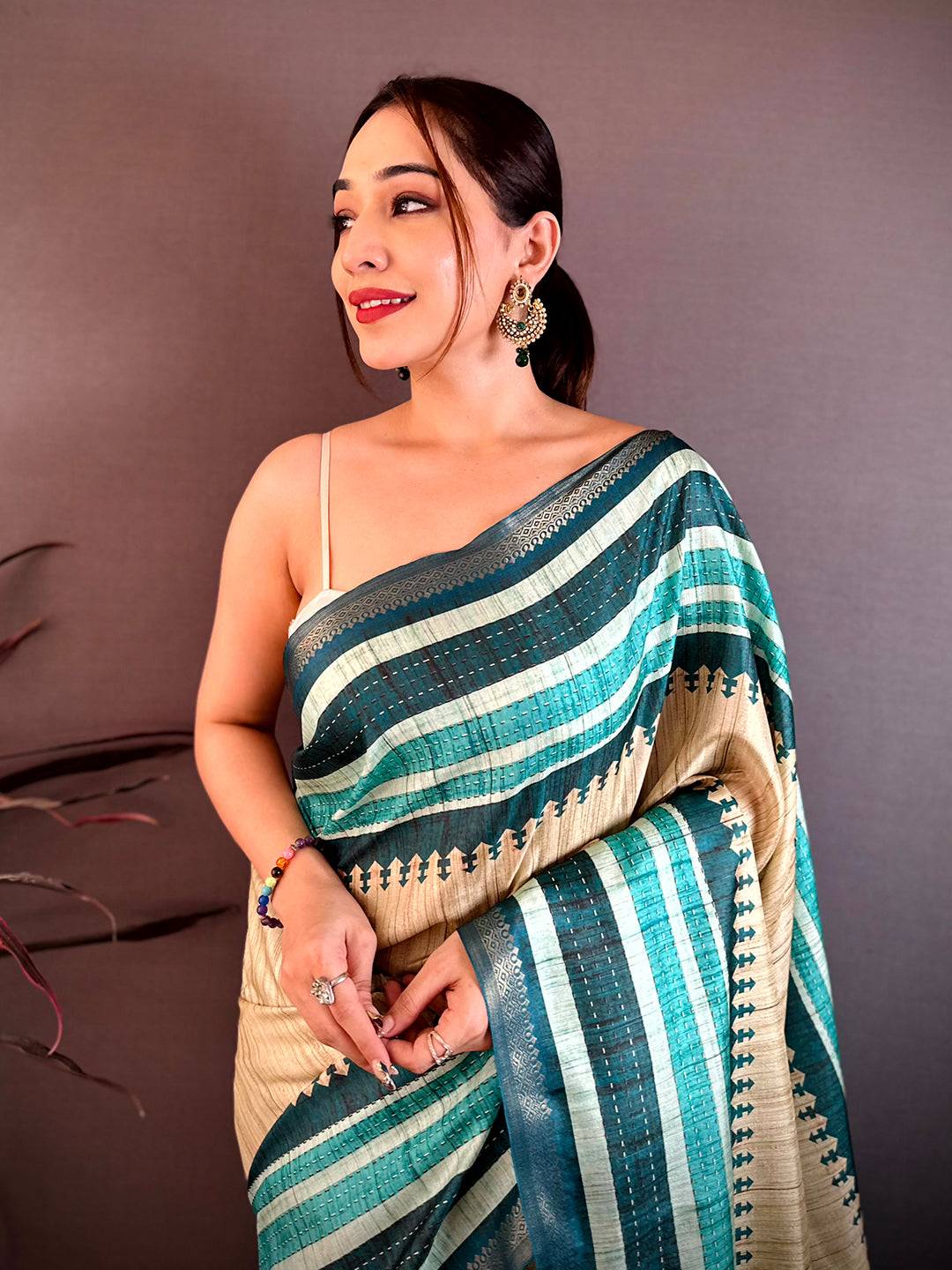 Elegant Soft Tussar Kantha Print Saree