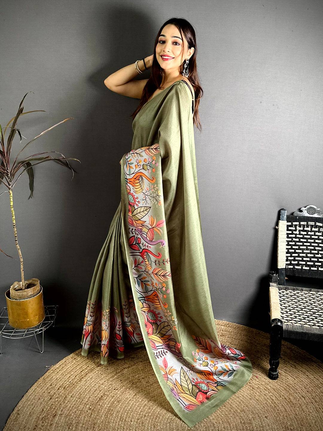 Green Flamingo Border Tussar Saree
