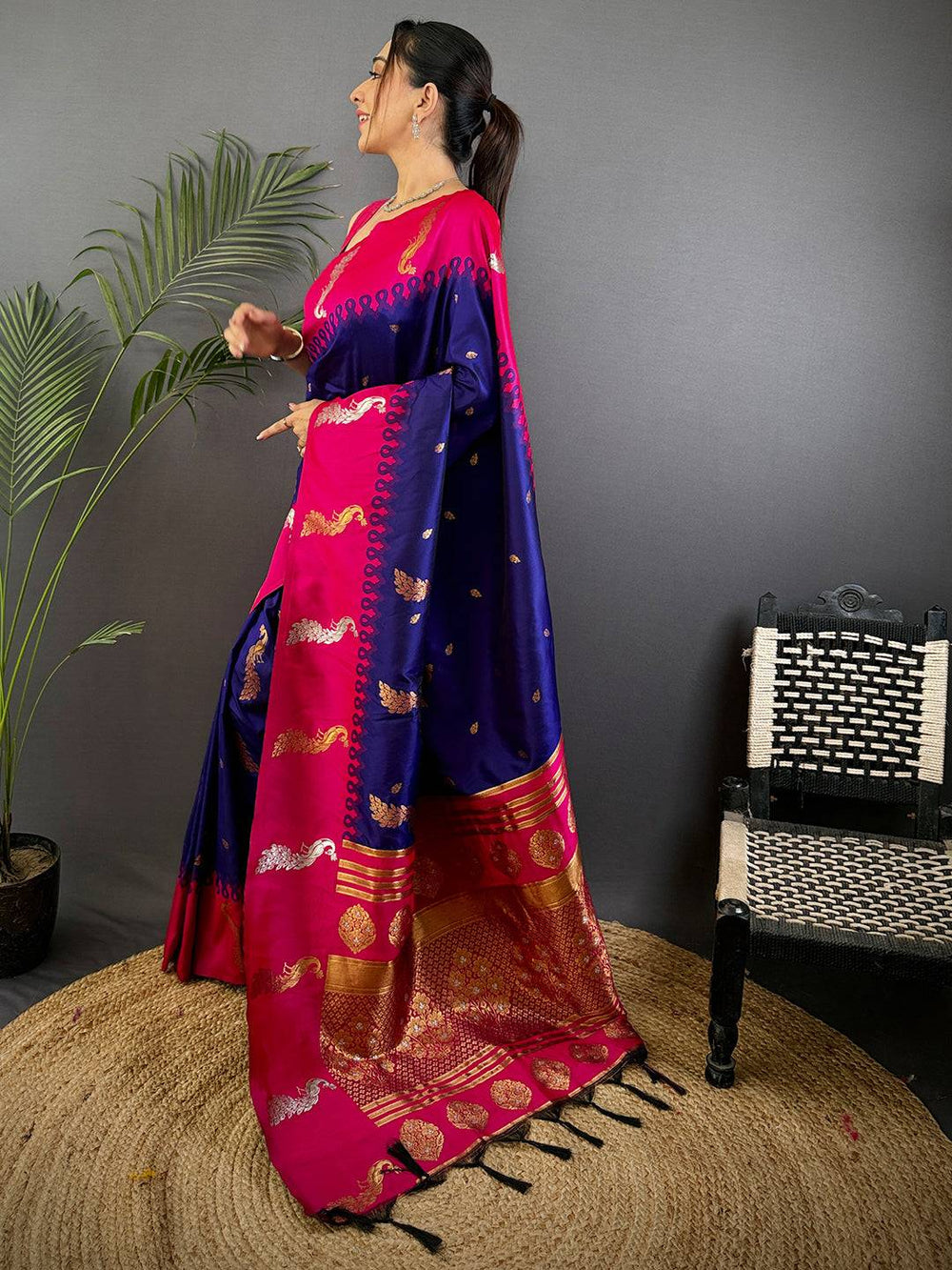 Purple Gold Zari Peacock Butta Soft Silk Saree