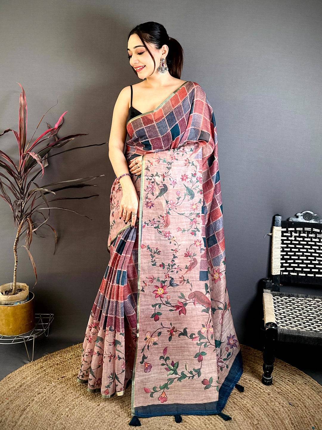 Classic Multicolor Block Print Linen Saree