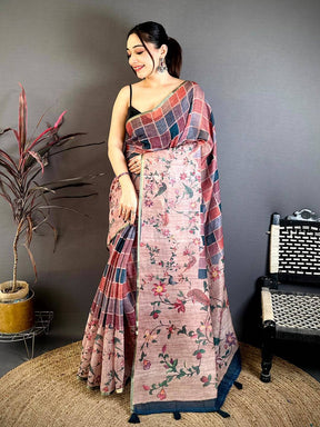 Classic Multicolor Block Print Linen Saree