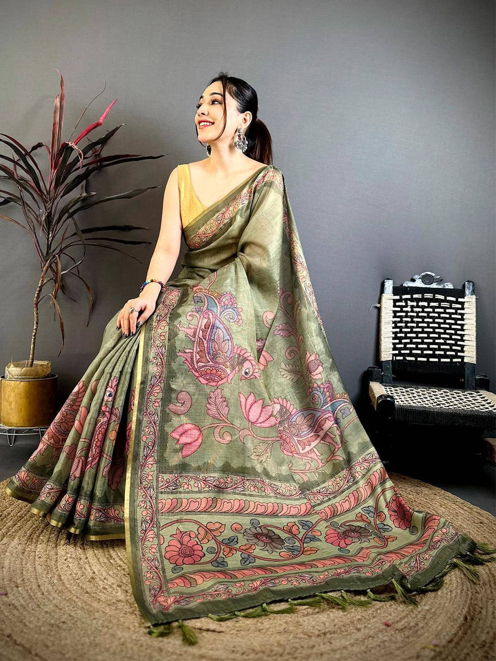 Olive Vintage Pen Kalamkari Chanderi Saree