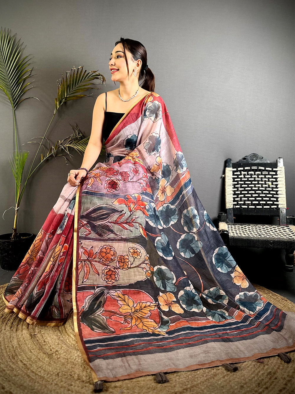 
Elegant Hand Block Floral Linen Saree


