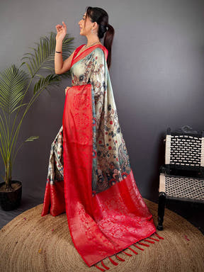 Sage Green Kalamkari Printed Soft Satin Saree