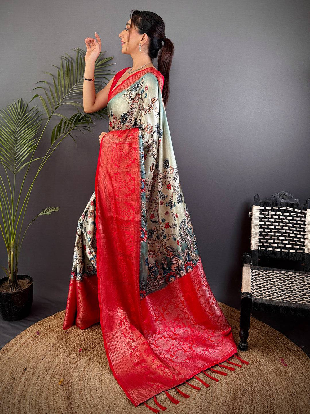 Sage Green Kalamkari Printed Soft Satin Saree