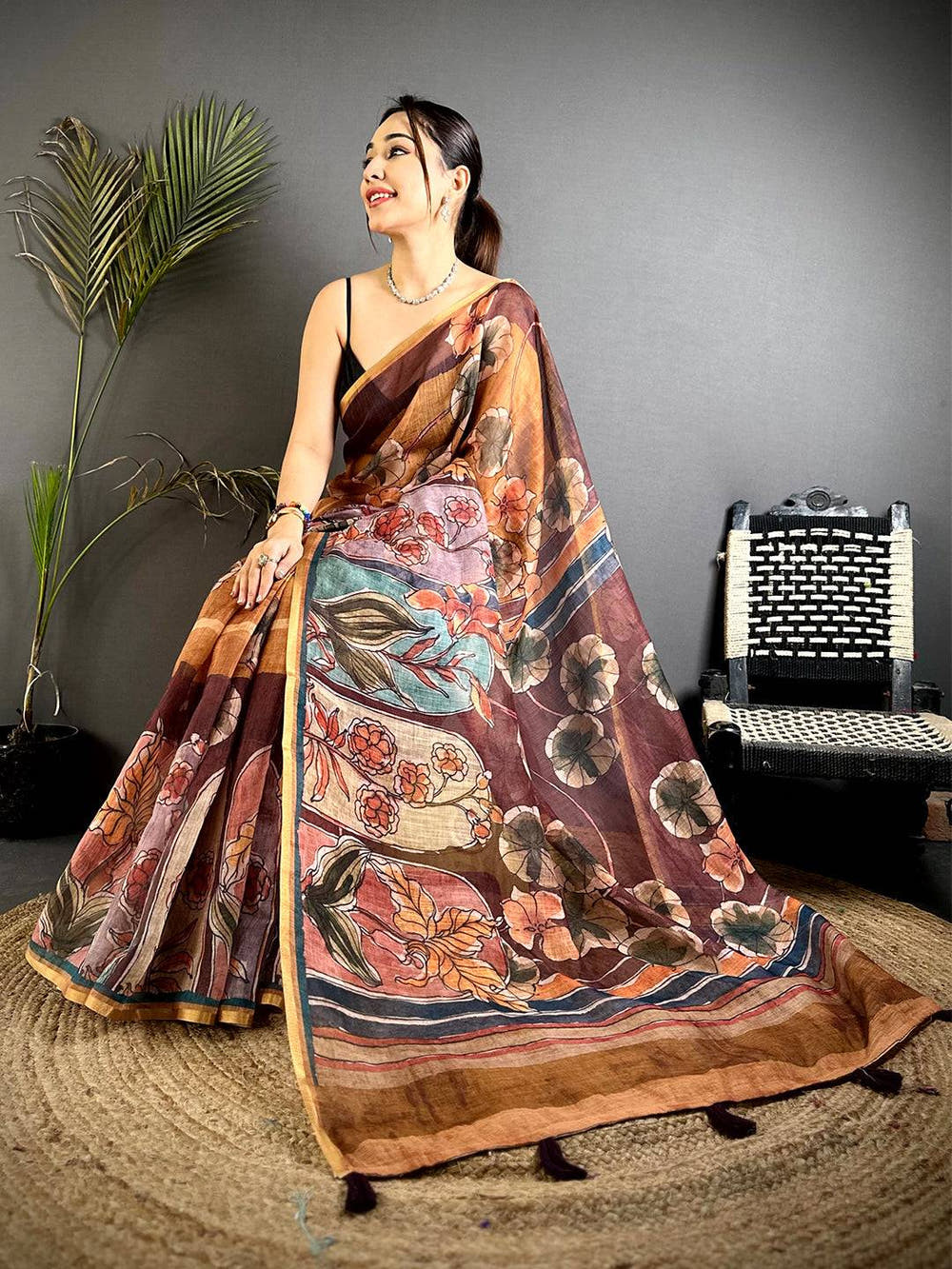 Regal Hand Block Floral Linen Saree


