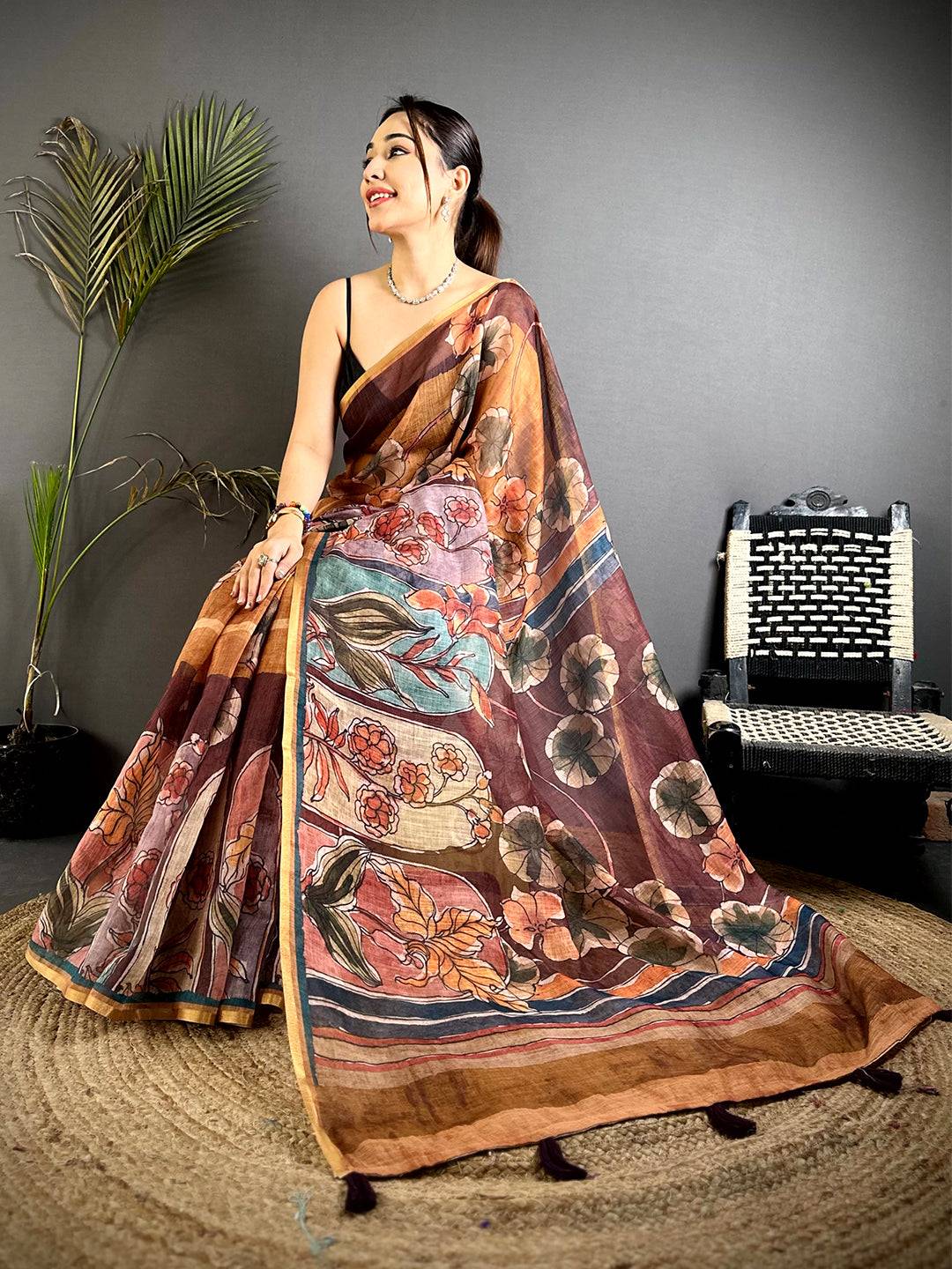 Regal Hand Block Floral Linen Saree


