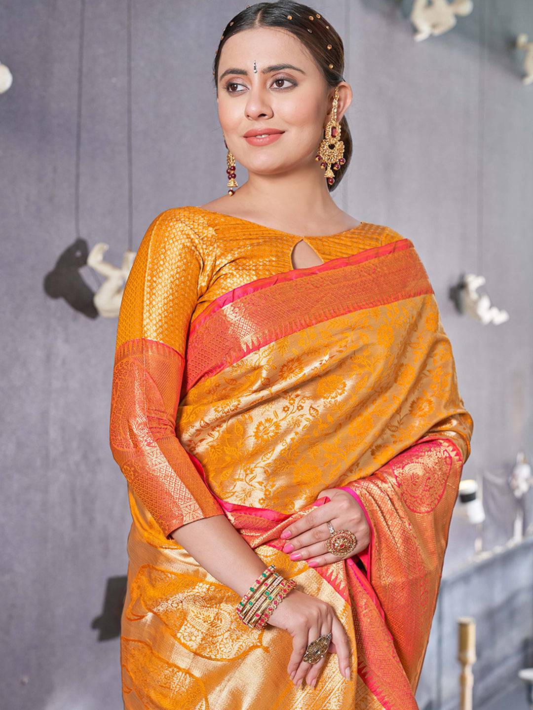 Kanchipuram Silk Jaal Rich Zari Woven Yellow Colour Saree