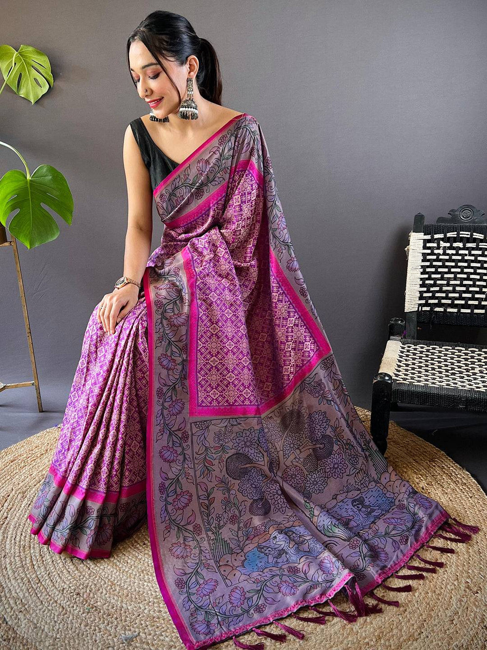 Deep Pink Patola And Kalamkari Fusion Saree