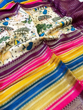 Radiant Soft Silk Kalamkari Zari Stripe Saree