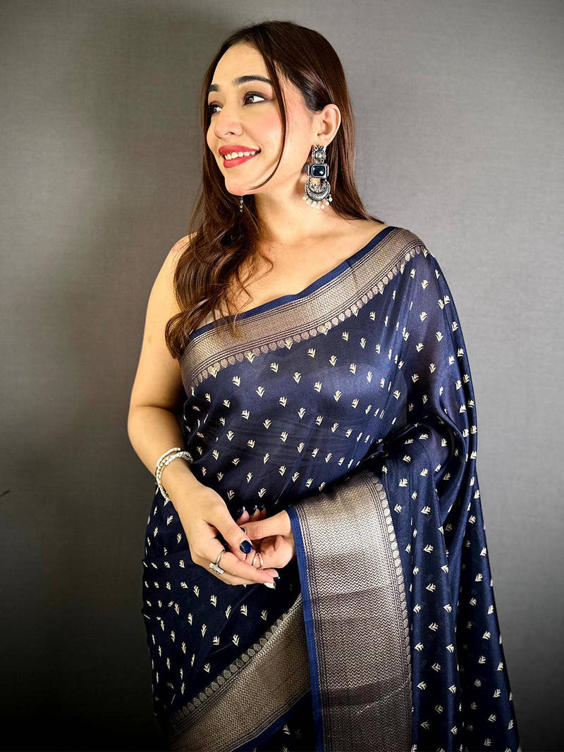 Navy Blue Small Leaf Butti Dola Saree