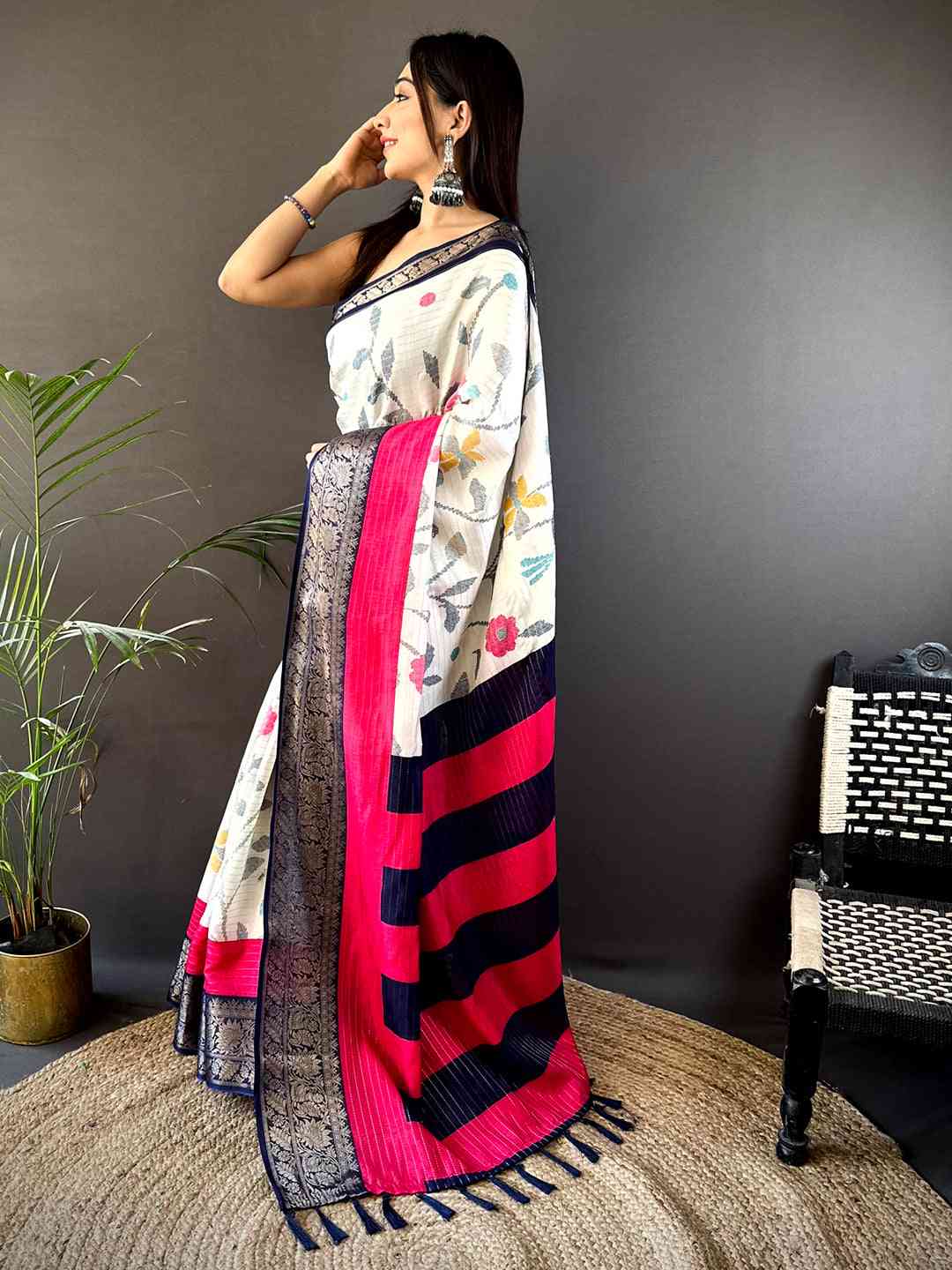 Navy Dola Silk Bird Print Saree