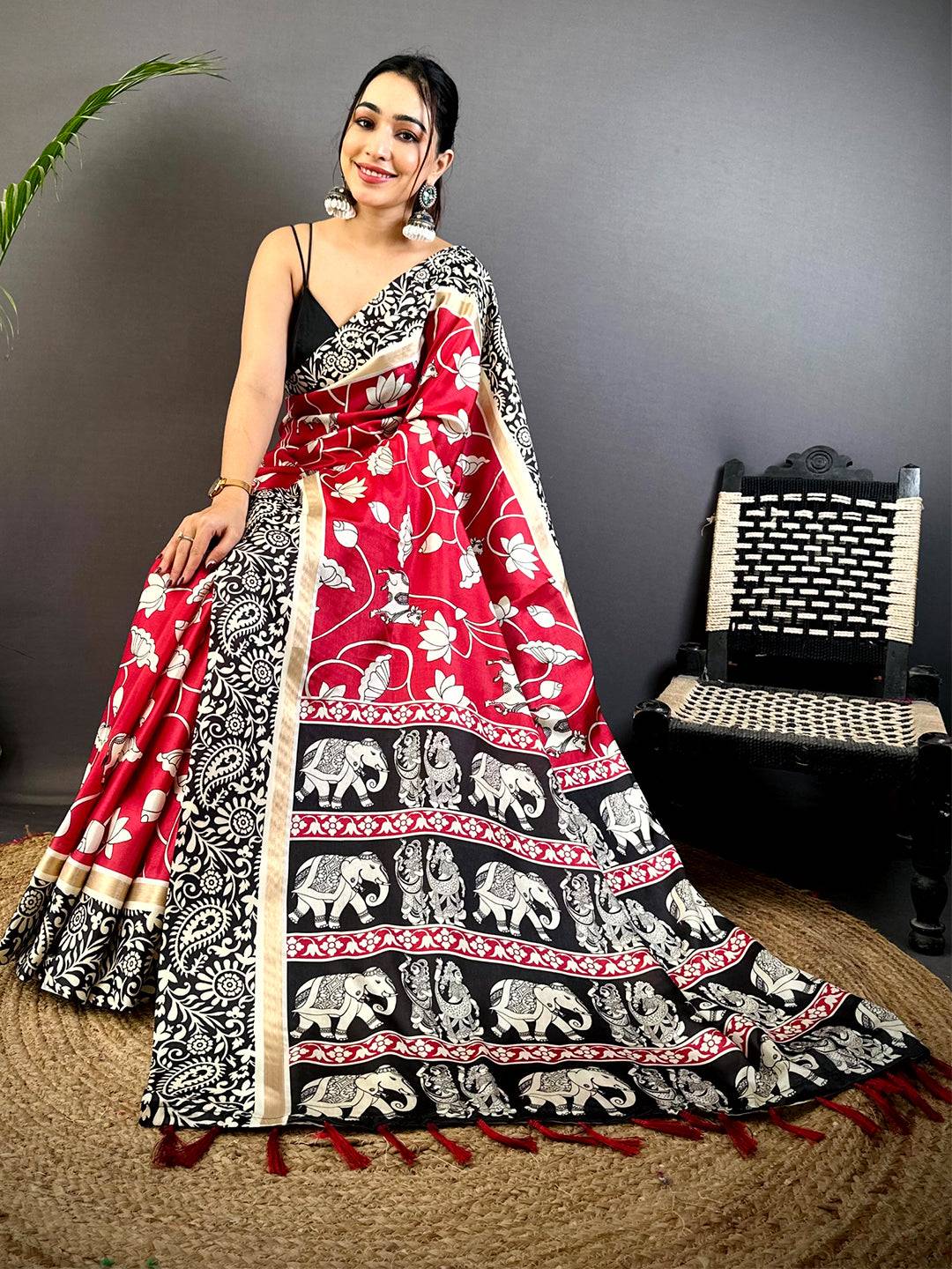 Red Soft Chanderi Contrast Border Saree