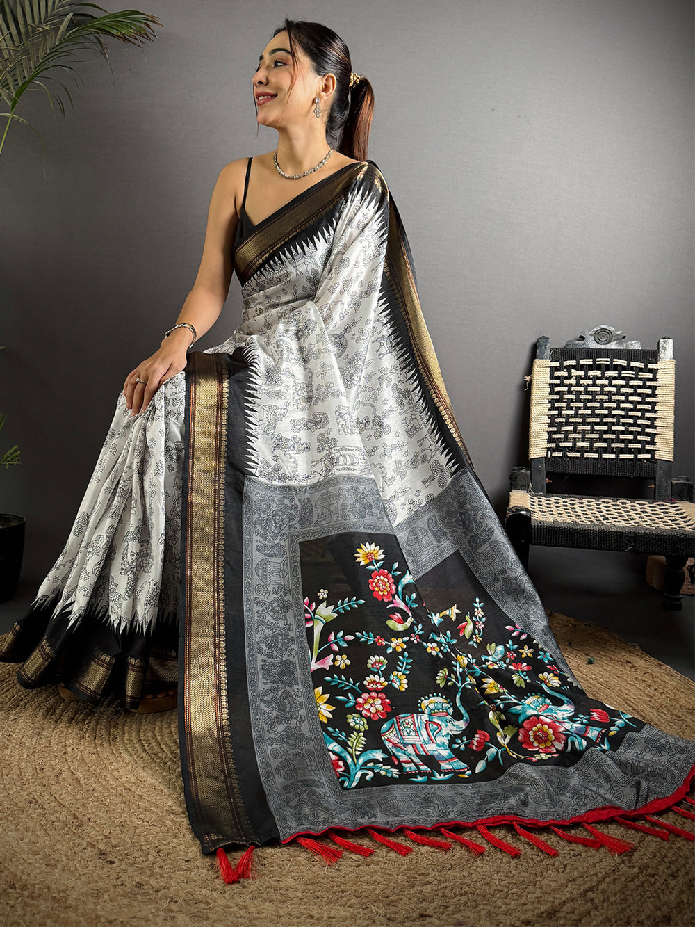 Black Pen Kalamkari Printed Dola Silk Saree