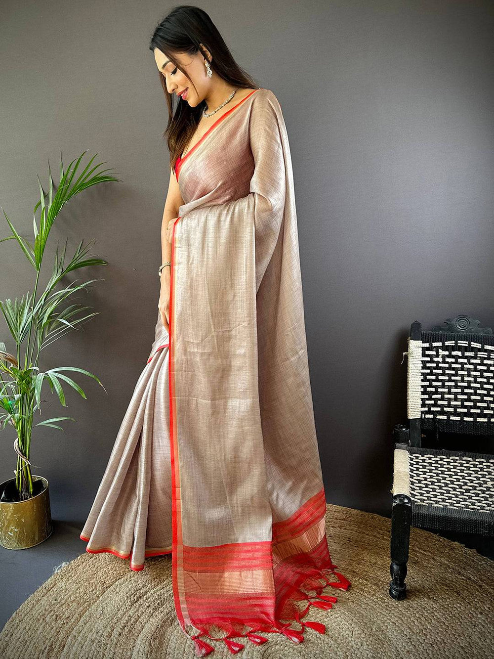 Radiant Ember Satin Tissue Saree  Radiant Ember Satin Tissue Saree