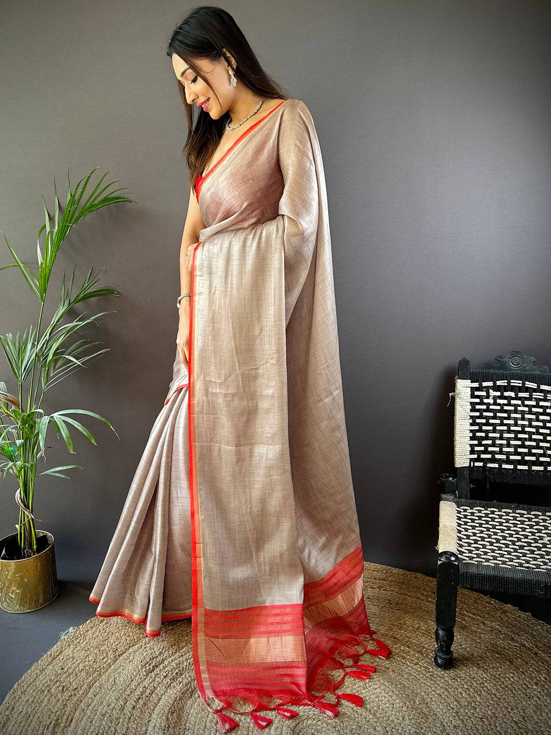 Radiant Ember Satin Tissue Saree  Radiant Ember Satin Tissue Saree