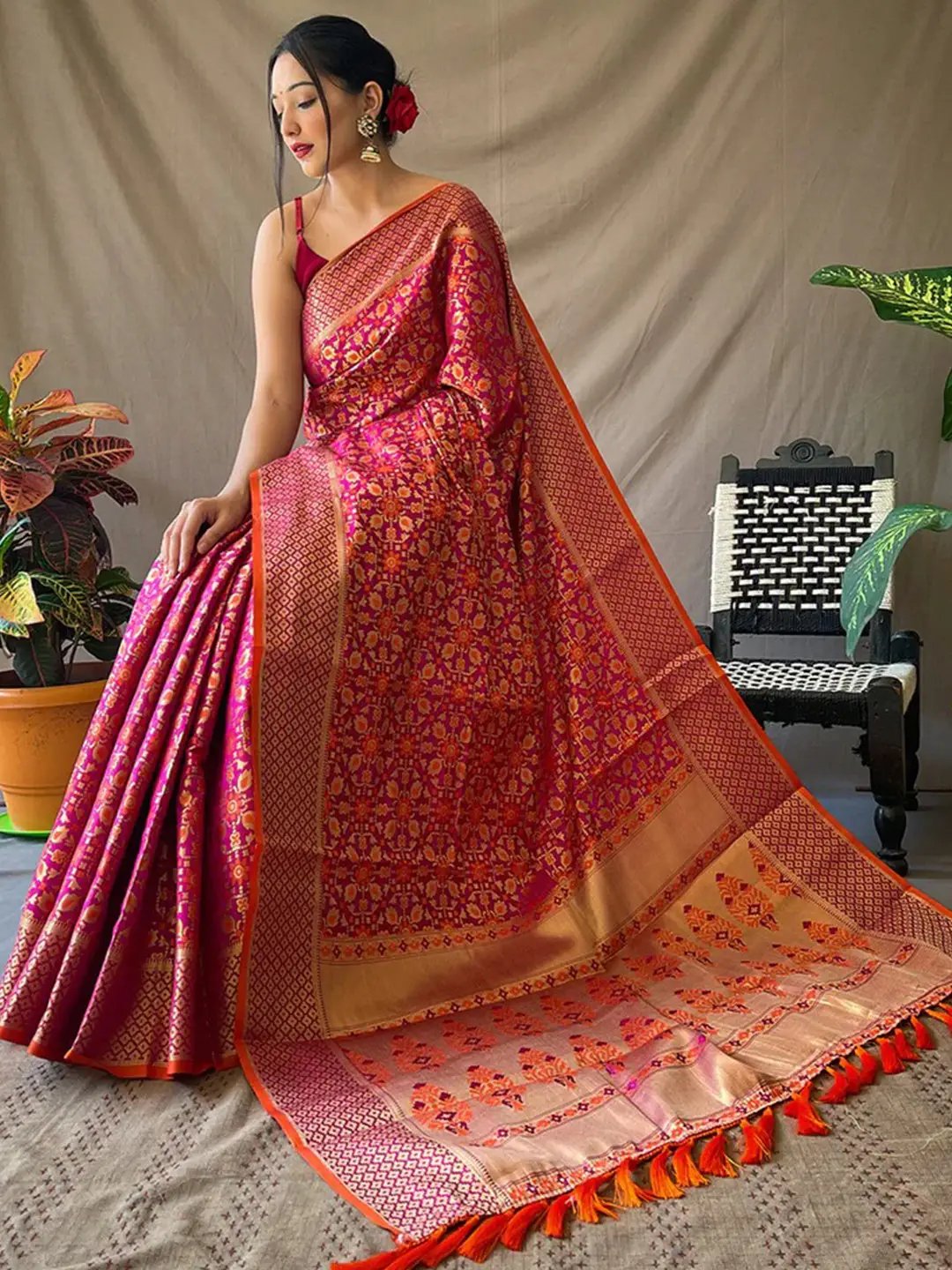 Wine Rajkoti Patola Silk Zari Woven Saree