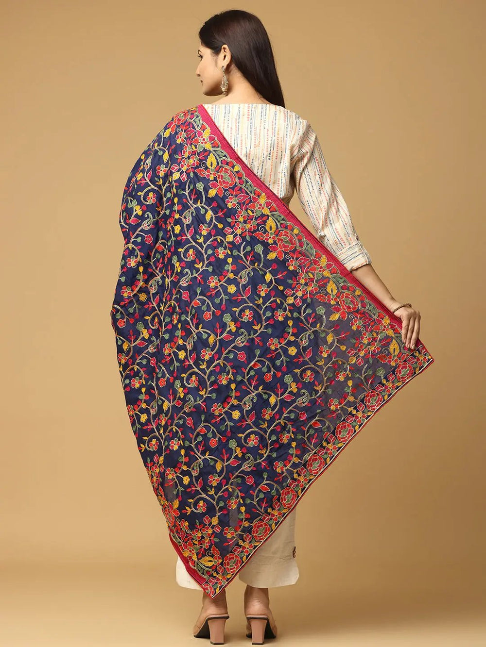 Navy chiffon dupatta with intricate embroidery, back view