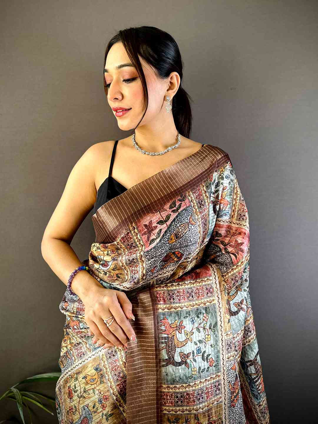 Multi Black Chex Kalamkari Madhubani Saree