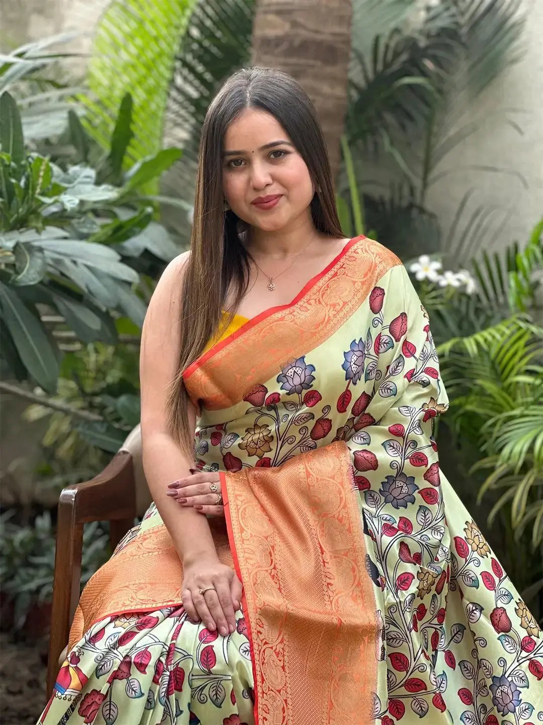Soft silk saree with intricate Kalamkari digital design