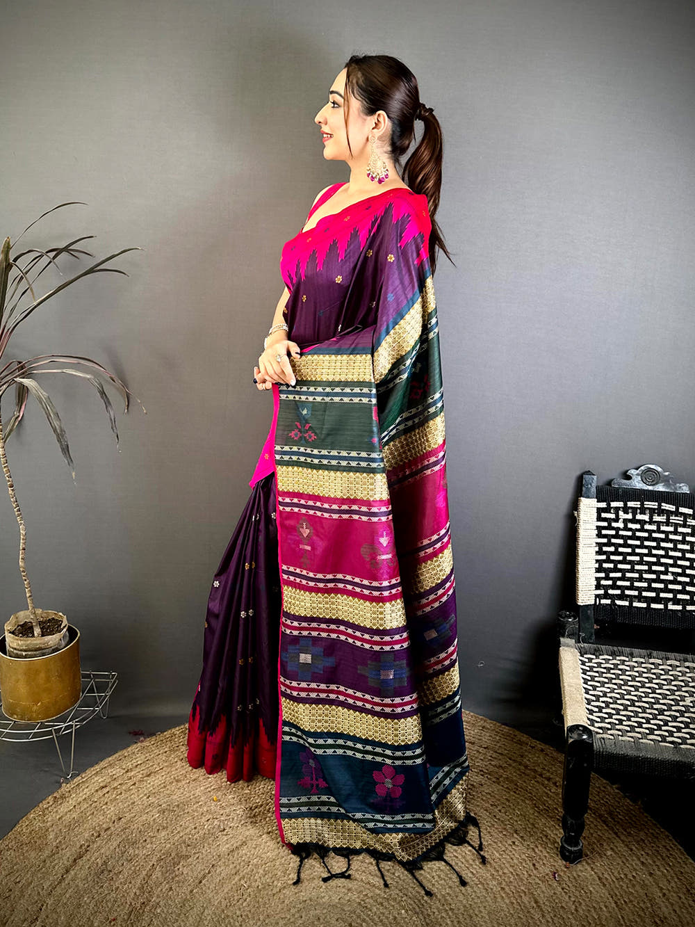 Pink Cotton Katan Bomkai Rich Pallu Saree