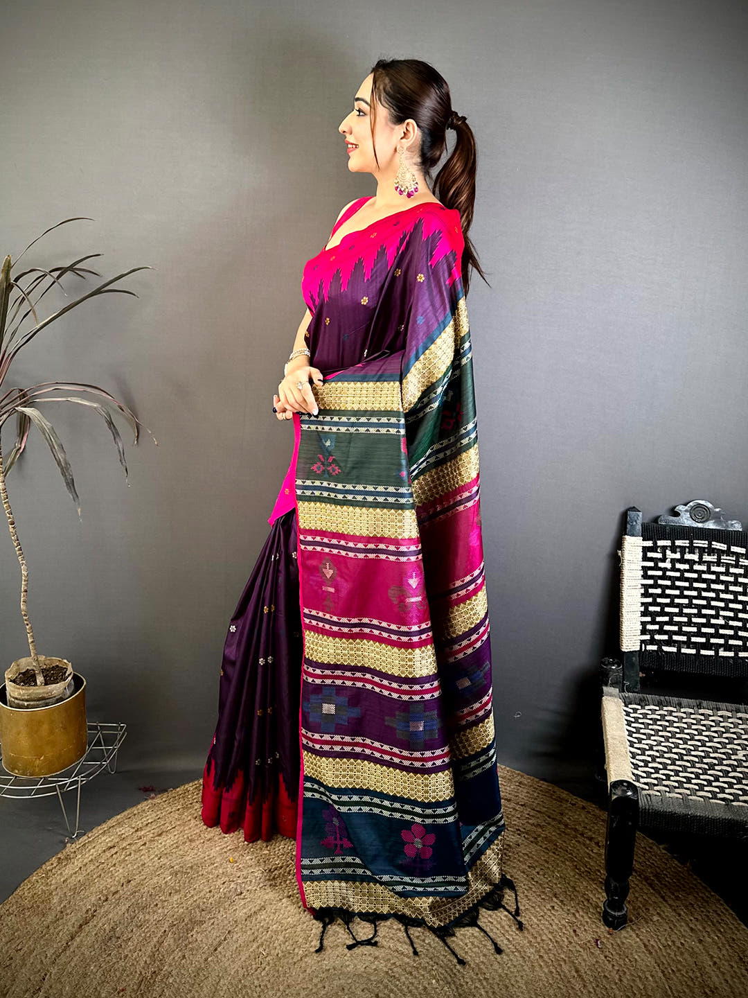 Pink Cotton Katan Bomkai Rich Pallu Saree