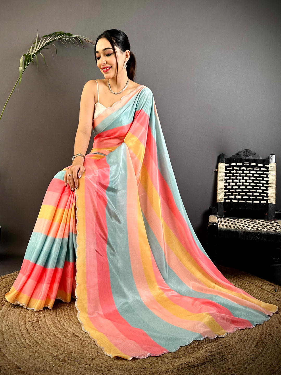 Radiant Soft Chiffon Swarovski Striped Saree