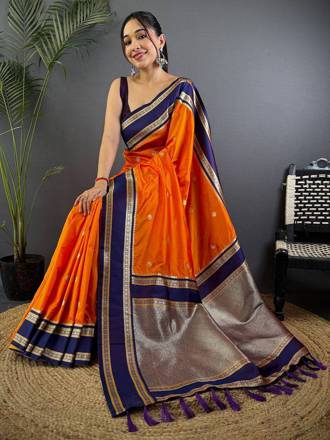 Navy Blue Soft Silk Floral Butta Saree
