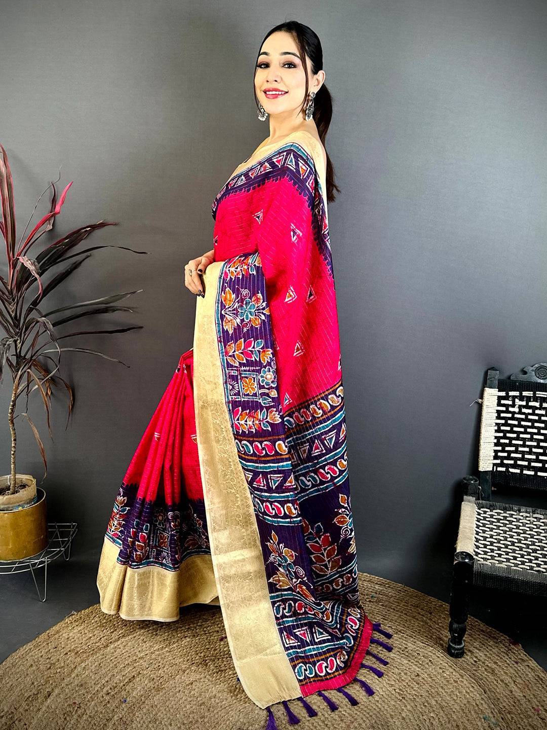 Rani Pink Dola Kalamkari Zari Stripe Saree